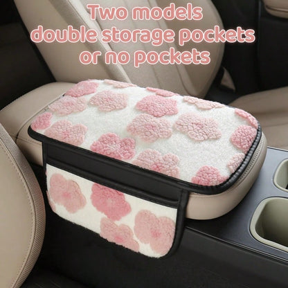 Soft Floral Car Center Armrest Console Pad, Car Armrest Cushion, Warm Plush Material, Fashionable Beautiful Gorgeous Comfortable, Two Models: Dual Pocket Or No Pocket, Can Store Bills, Keys, Lipstick