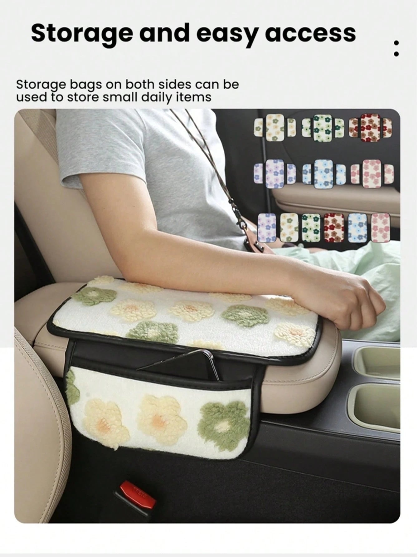 Soft Floral Car Center Armrest Console Pad, Car Armrest Cushion, Warm Plush Material, Fashionable Beautiful Gorgeous Comfortable, Two Models: Dual Pocket Or No Pocket, Can Store Bills, Keys, Lipstick
