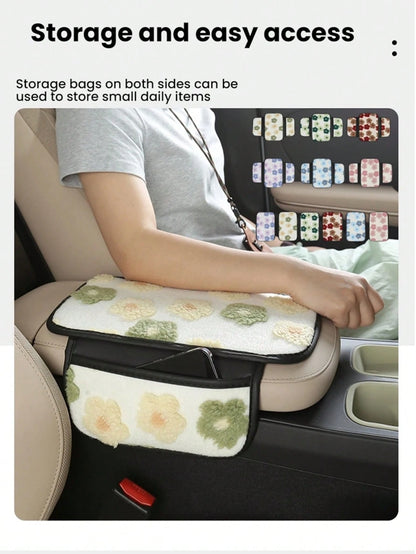Soft Floral Car Center Armrest Console Pad, Car Armrest Cushion, Warm Plush Material, Fashionable Beautiful Gorgeous Comfortable, Two Models: Dual Pocket Or No Pocket, Can Store Bills, Keys, Lipstick
