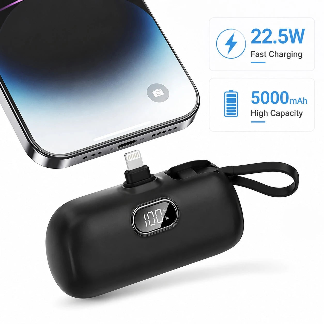 Soft Pink 5000mAh Capsule Portable Charger With Lightning Connector, USB-C Cable And 22.5W Fast Charging, With Digital Battery Percentage Display, Rounded Capsule Body And Wrist Lanyard For Easy Carry