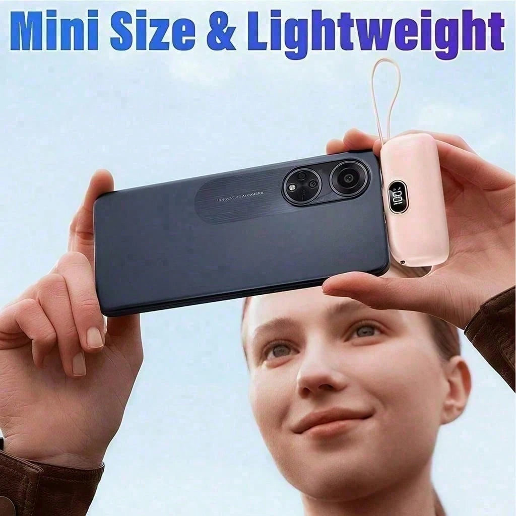 Soft Pink 5000mAh Capsule Portable Charger With Lightning Connector, USB-C Cable And 22.5W Fast Charging, With Digital Battery Percentage Display, Rounded Capsule Body And Wrist Lanyard For Easy Carry