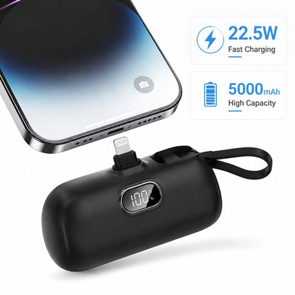 Soft Pink 5000mAh Capsule Portable Charger With Lightning Connector, USB-C Cable And 22.5W Fast Charging, With Digital Battery Percentage Display, Rounded Capsule Body And Wrist Lanyard For Easy Carry