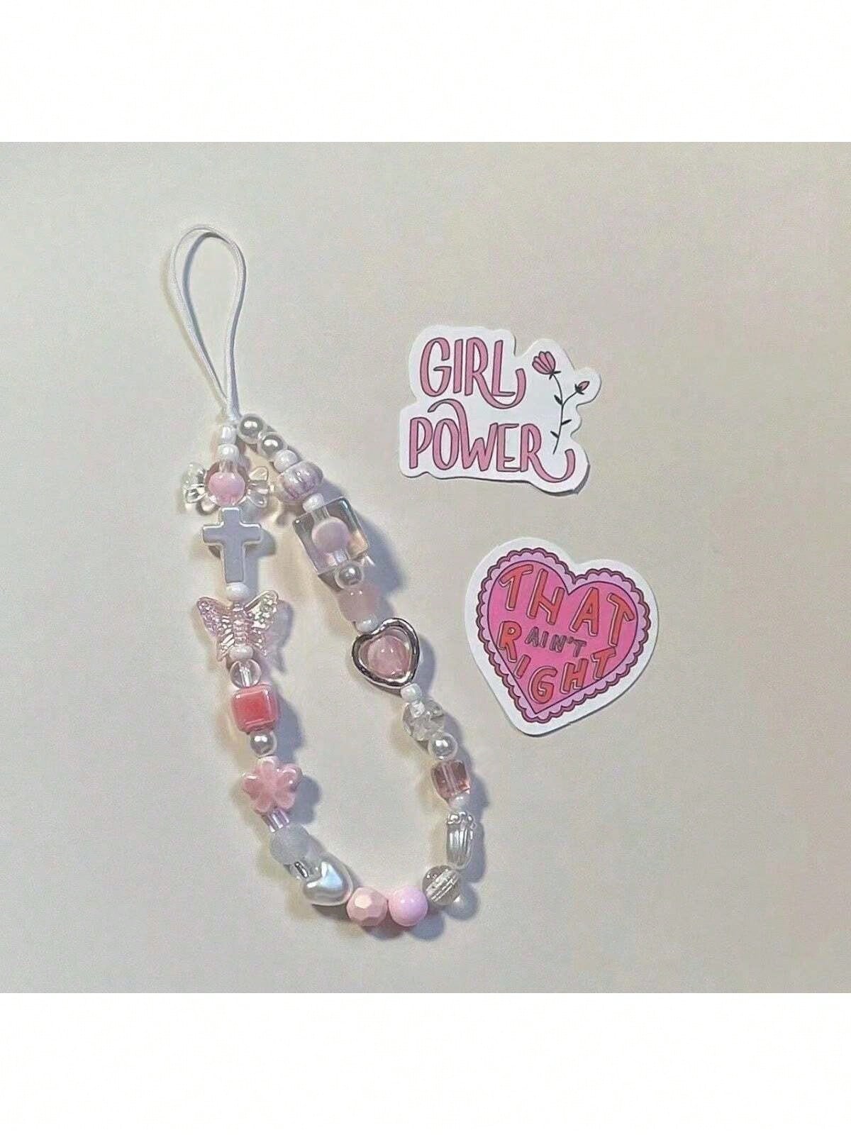 Soft Pink Sakura Flower Metal Heart CCD Camera Wrist Strap DIY Beaded Phone Lanyard, Phone Case Charm