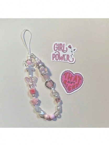 Soft Pink Sakura Flower Metal Heart CCD Camera Wrist Strap DIY Beaded Phone Lanyard, Phone Case Charm
