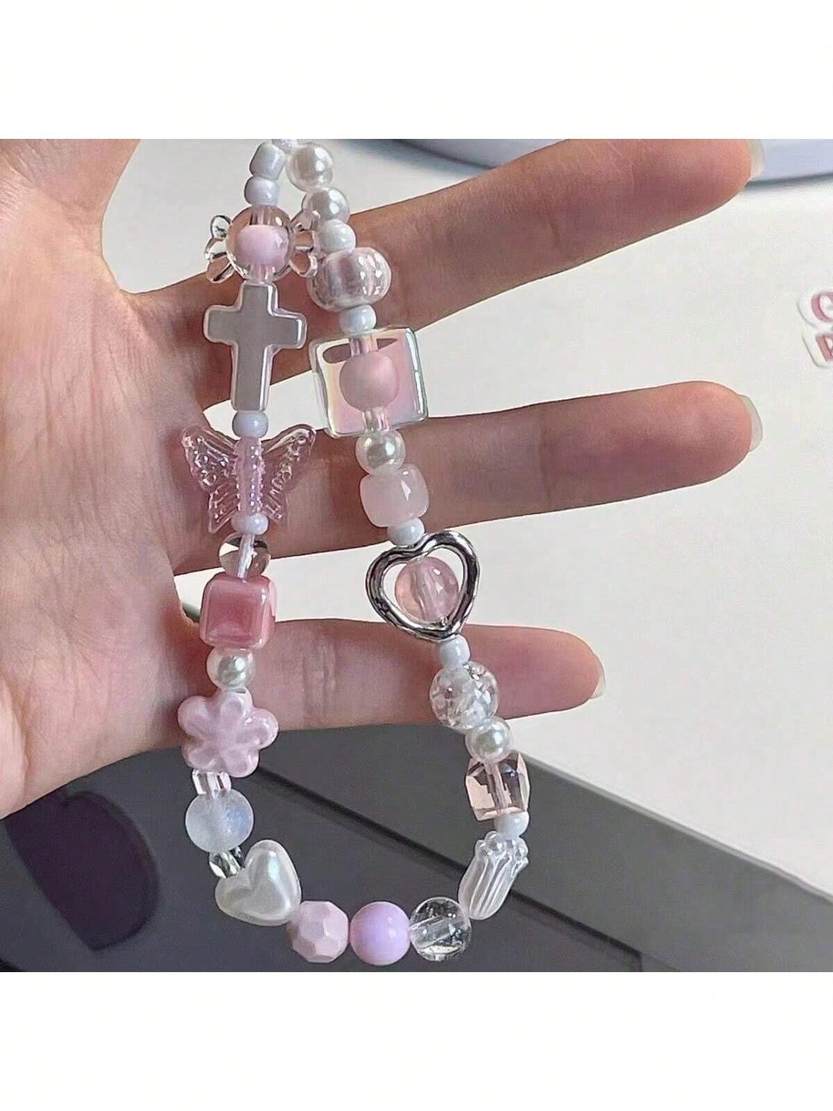 Soft Pink Sakura Flower Metal Heart CCD Camera Wrist Strap DIY Beaded Phone Lanyard, Phone Case Charm