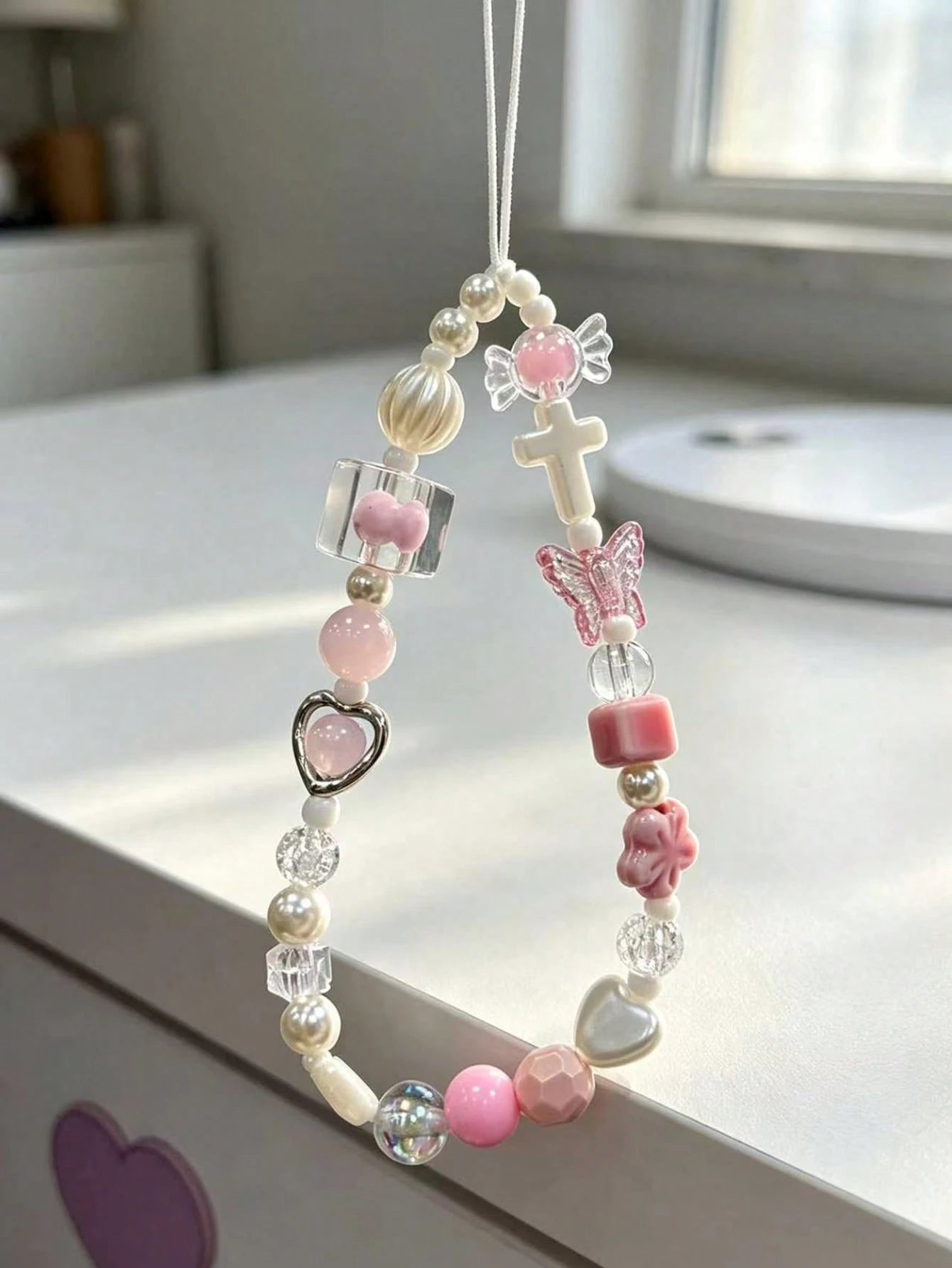 Soft Pink Sakura Flower Metal Heart CCD Camera Wrist Strap DIY Beaded Phone Lanyard, Phone Case Charm