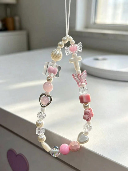 Soft Pink Sakura Flower Metal Heart CCD Camera Wrist Strap DIY Beaded Phone Lanyard, Phone Case Charm