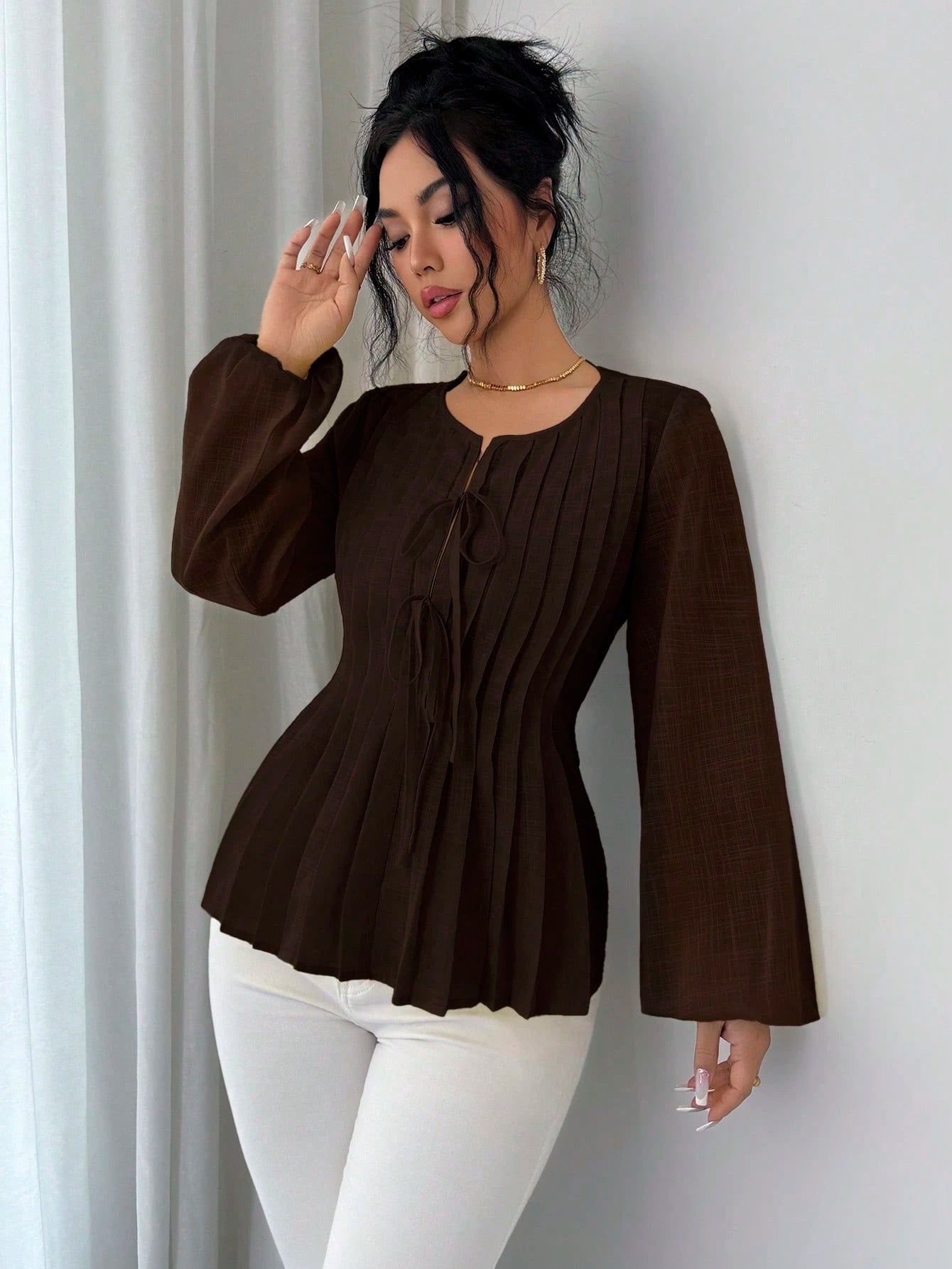 Solavon New French Vintage Elegant Pleated Cinching Waist Long Sleeve Blouse Teachers' Day Office Shades Of Brown Autumn
