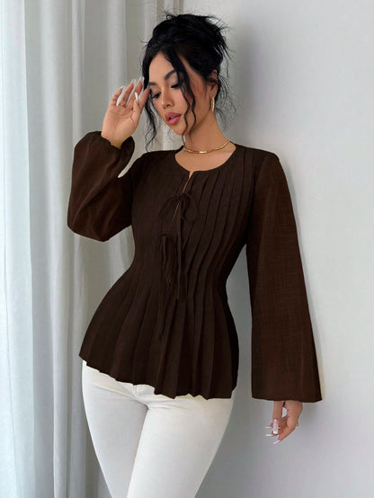 Solavon New French Vintage Elegant Pleated Cinching Waist Long Sleeve Blouse Teachers' Day Office Shades Of Brown Autumn