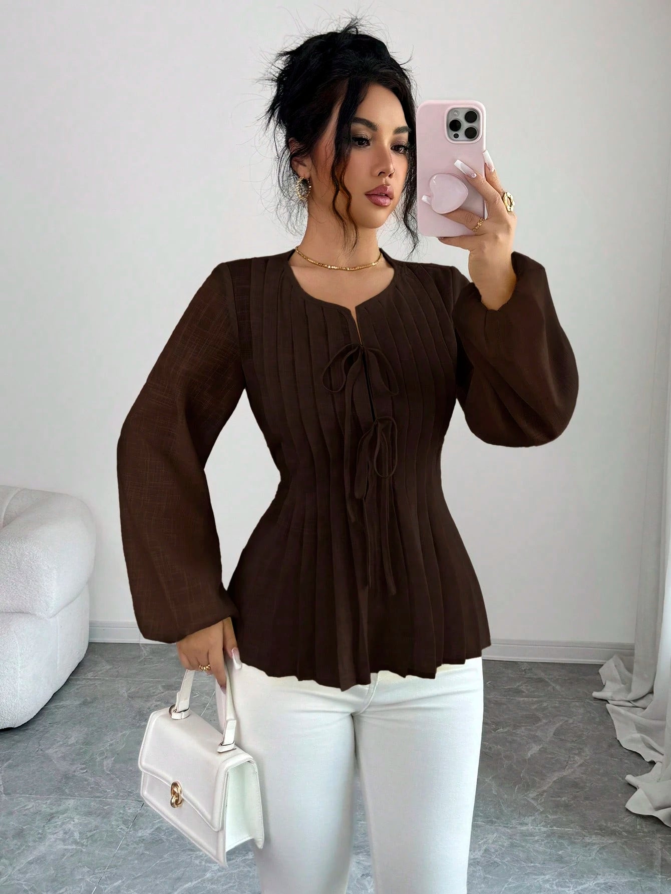 Solavon New French Vintage Elegant Pleated Cinching Waist Long Sleeve Blouse Teachers' Day Office Shades Of Brown Autumn