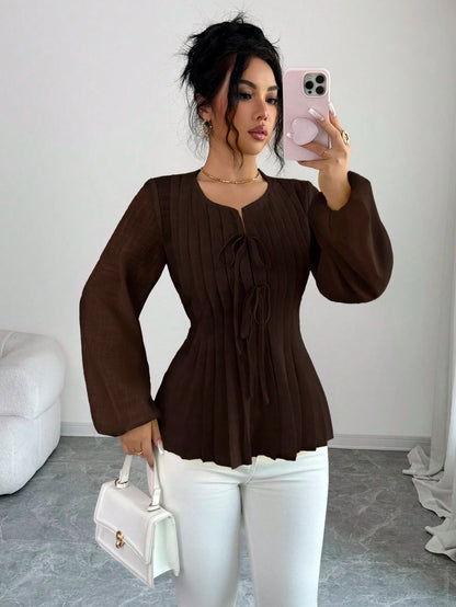 Solavon New French Vintage Elegant Pleated Cinching Waist Long Sleeve Blouse Teachers' Day Office Shades Of Brown Autumn