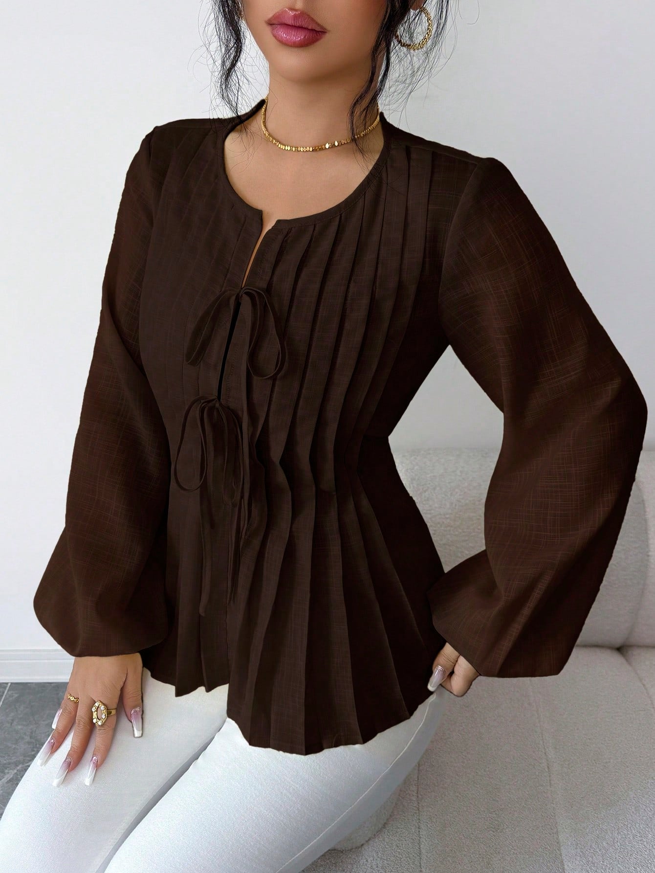 Solavon New French Vintage Elegant Pleated Cinching Waist Long Sleeve Blouse Teachers' Day Office Shades Of Brown Autumn