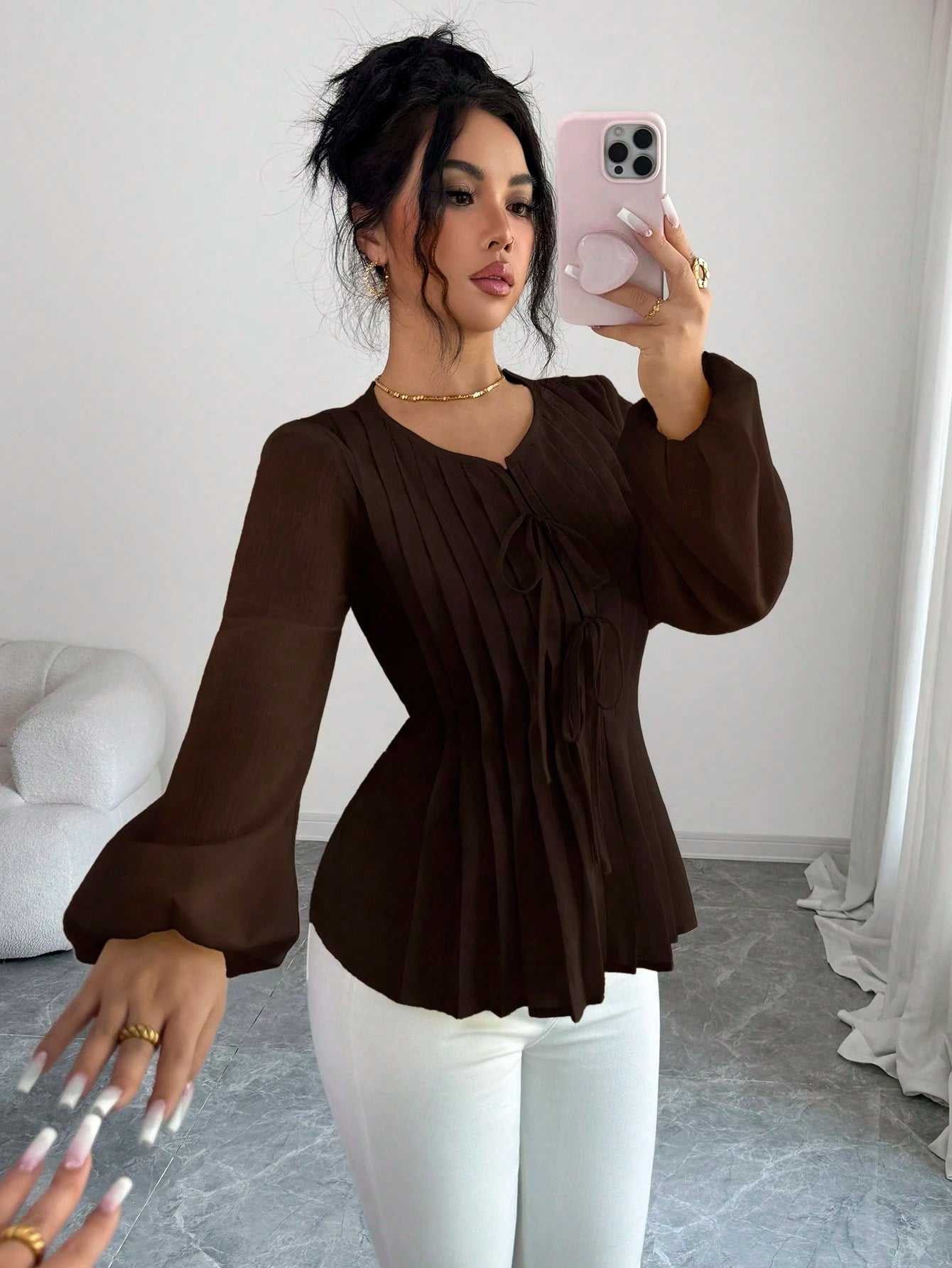 Solavon New French Vintage Elegant Pleated Cinching Waist Long Sleeve Blouse Teachers' Day Office Shades Of Brown Autumn