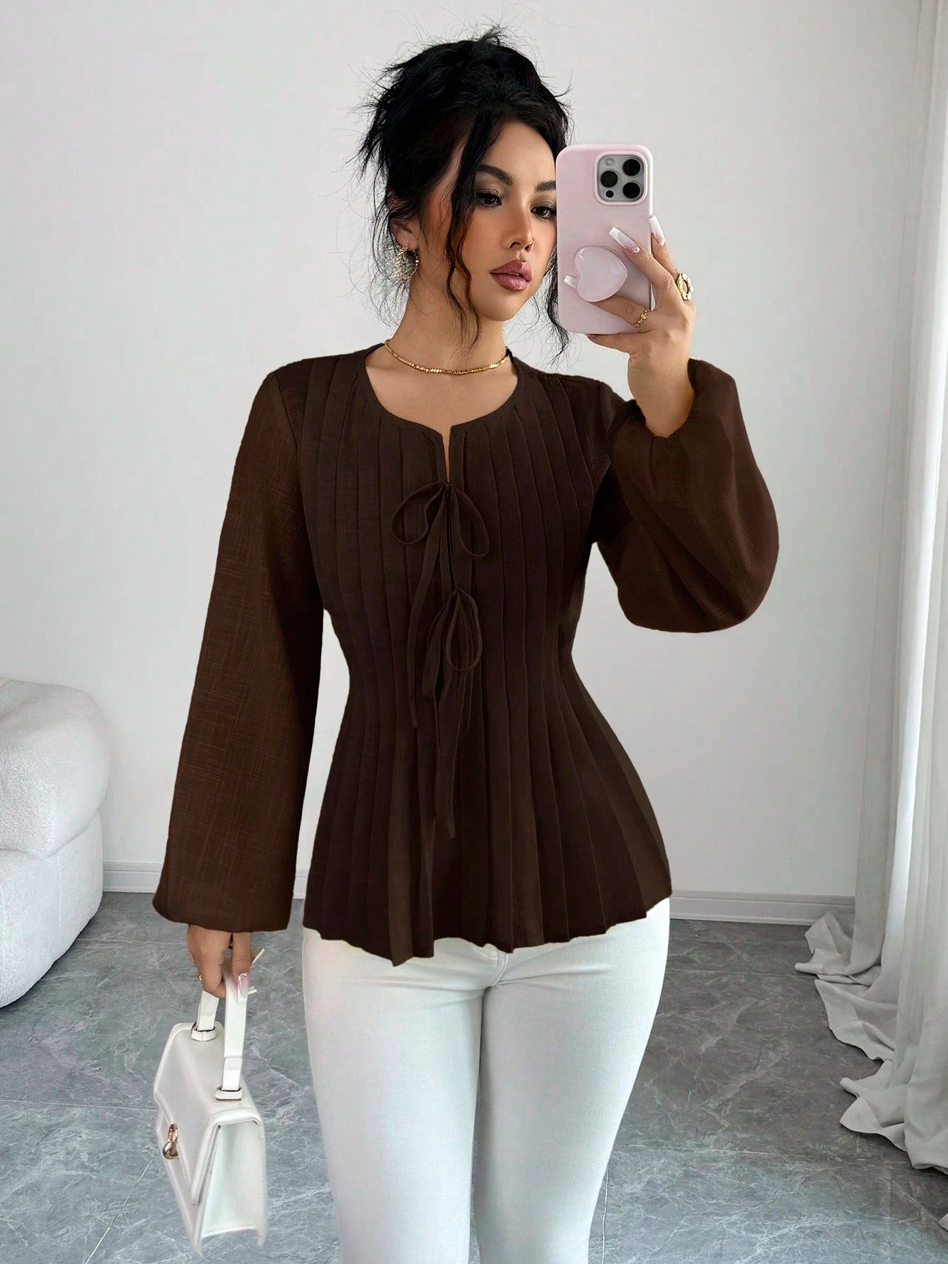 Solavon New French Vintage Elegant Pleated Cinching Waist Long Sleeve Blouse Teachers' Day Office Shades Of Brown Autumn