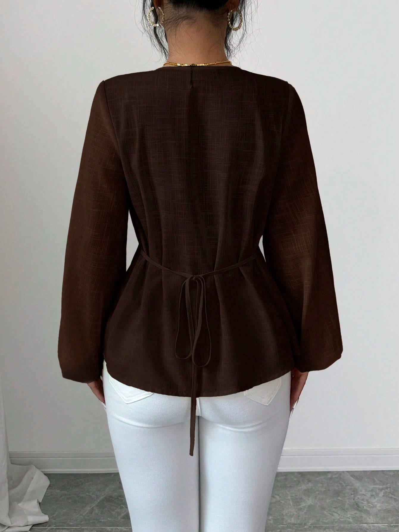 Solavon New French Vintage Elegant Pleated Cinching Waist Long Sleeve Blouse Teachers' Day Office Shades Of Brown Autumn