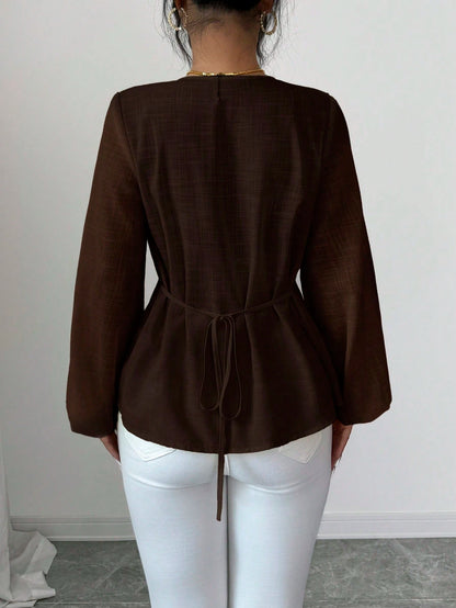 Solavon New French Vintage Elegant Pleated Cinching Waist Long Sleeve Blouse Teachers' Day Office Shades Of Brown Autumn