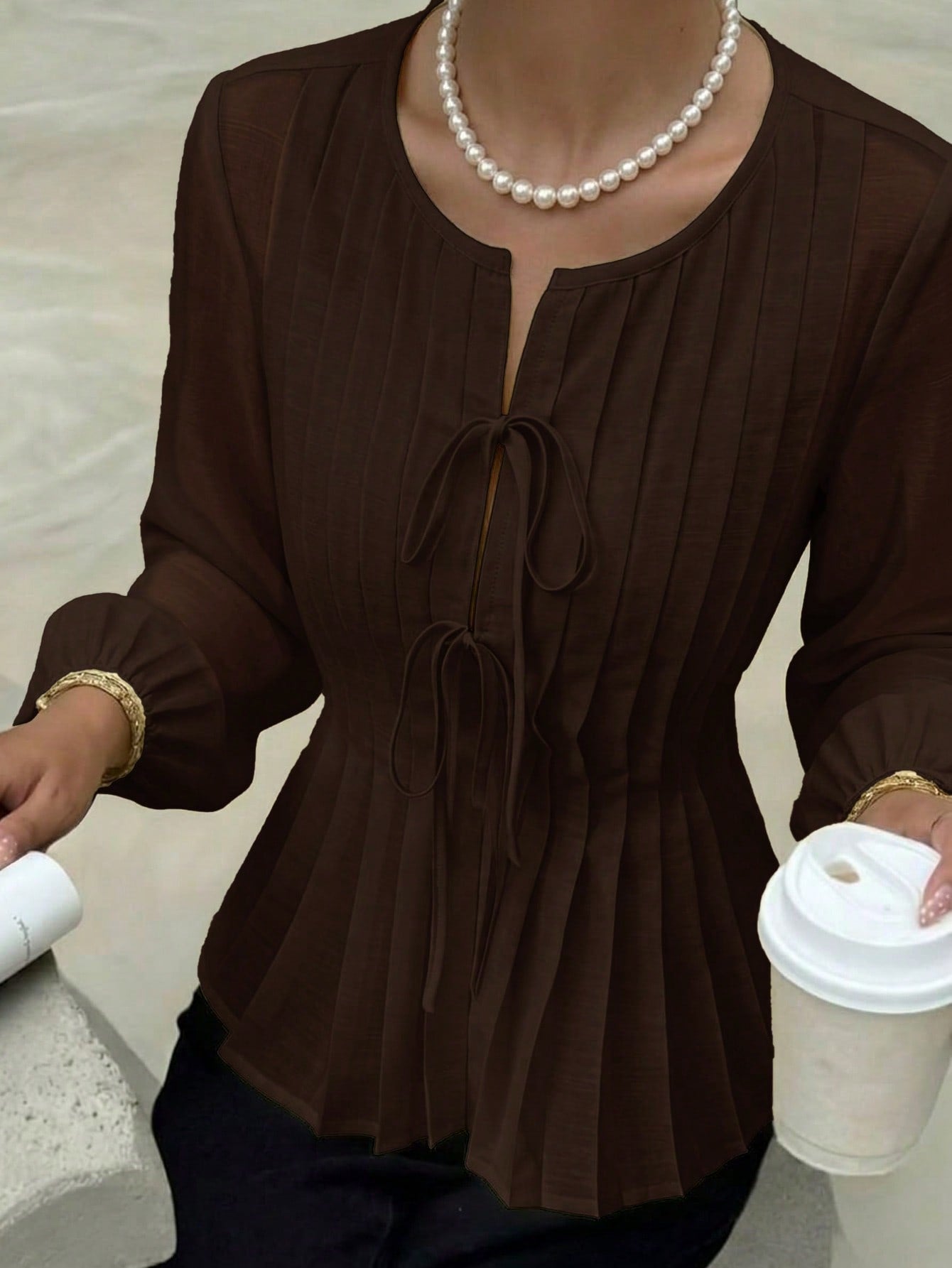 Solavon New French Vintage Elegant Pleated Cinching Waist Long Sleeve Blouse Teachers' Day Office Shades Of Brown Autumn