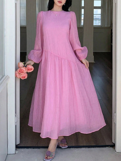 Solavon New Solid Color Loose Fit Comfortable Vacation Versatile Lantern Sleeve Dress Unlined Sleeves Pink Autumn Romantic Elegant