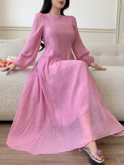 Solavon New Solid Color Loose Fit Comfortable Vacation Versatile Lantern Sleeve Dress Unlined Sleeves Pink Autumn Romantic Elegant