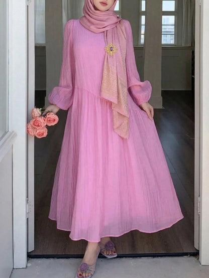 Solavon New Solid Color Loose Fit Comfortable Vacation Versatile Lantern Sleeve Dress Unlined Sleeves Pink Autumn Romantic Elegant