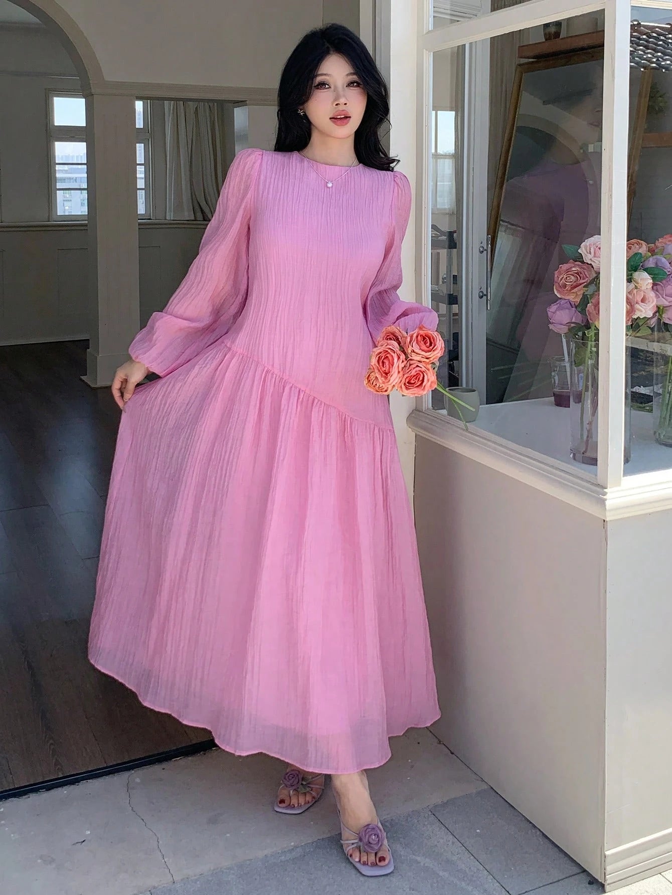 Solavon New Solid Color Loose Fit Comfortable Vacation Versatile Lantern Sleeve Dress Unlined Sleeves Pink Autumn Romantic Elegant