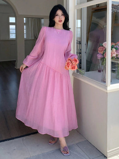 Solavon New Solid Color Loose Fit Comfortable Vacation Versatile Lantern Sleeve Dress Unlined Sleeves Pink Autumn Romantic Elegant