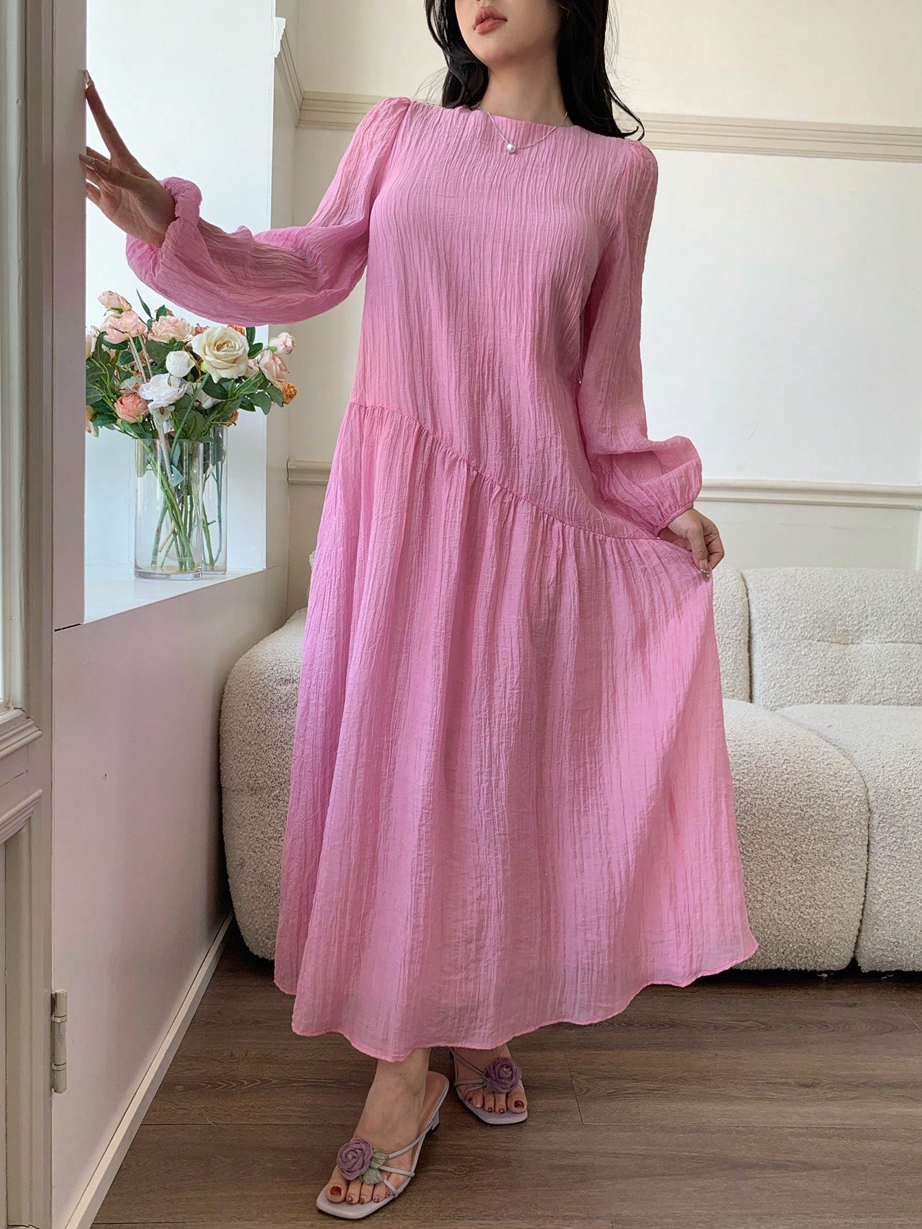 Solavon New Solid Color Loose Fit Comfortable Vacation Versatile Lantern Sleeve Dress Unlined Sleeves Pink Autumn Romantic Elegant