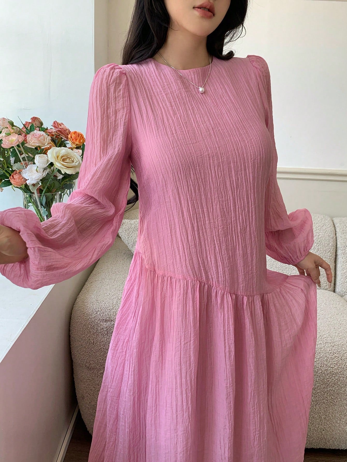 Solavon New Solid Color Loose Fit Comfortable Vacation Versatile Lantern Sleeve Dress Unlined Sleeves Pink Autumn Romantic Elegant