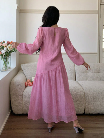 Solavon New Solid Color Loose Fit Comfortable Vacation Versatile Lantern Sleeve Dress Unlined Sleeves Pink Autumn Romantic Elegant