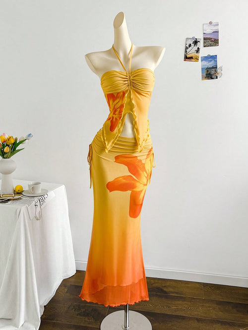 Soleia Boho Tropical Orange And Yellow Mesh Crop Top And Pleated Skirt 2-Piece Set,Elegant Strapless Summer Holiday Vacation Holiday Beach Wedding Graduation
