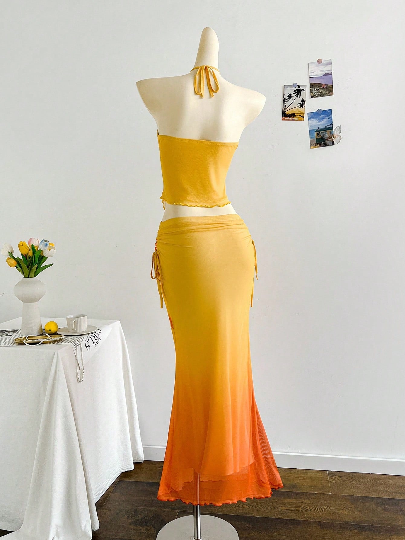Soleia Boho Tropical Orange And Yellow Mesh Crop Top And Pleated Skirt 2-Piece Set,Elegant Strapless Summer Holiday Vacation Holiday Beach Wedding Graduation