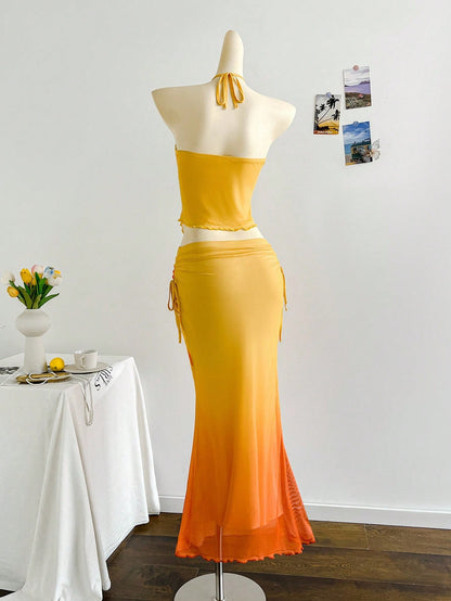Soleia Boho Tropical Orange And Yellow Mesh Crop Top And Pleated Skirt 2-Piece Set,Elegant Strapless Summer Holiday Vacation Holiday Beach Wedding Graduation