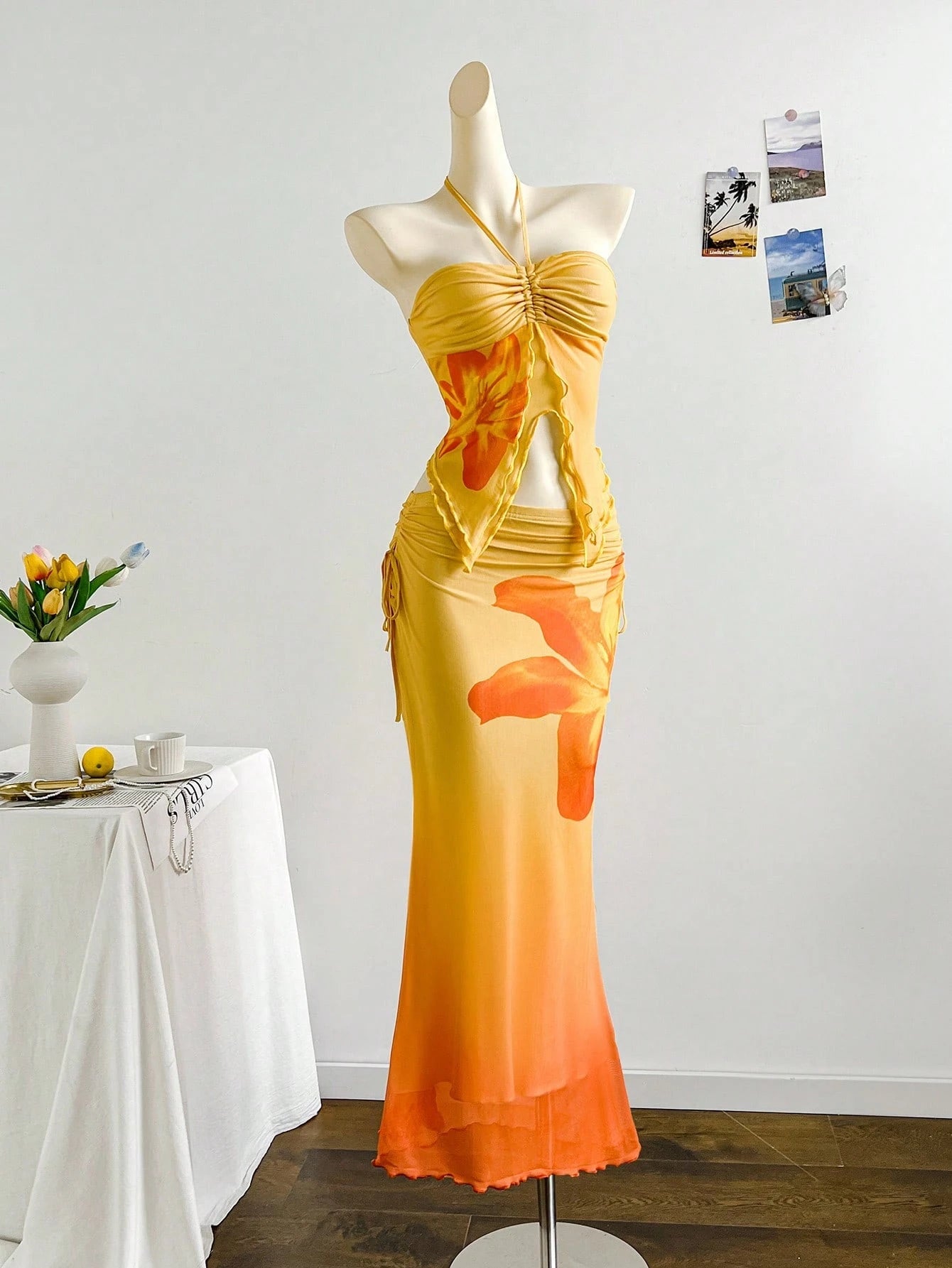 Soleia Boho Tropical Orange And Yellow Mesh Crop Top And Pleated Skirt 2-Piece Set,Elegant Strapless Summer Holiday Vacation Holiday Beach Wedding Graduation