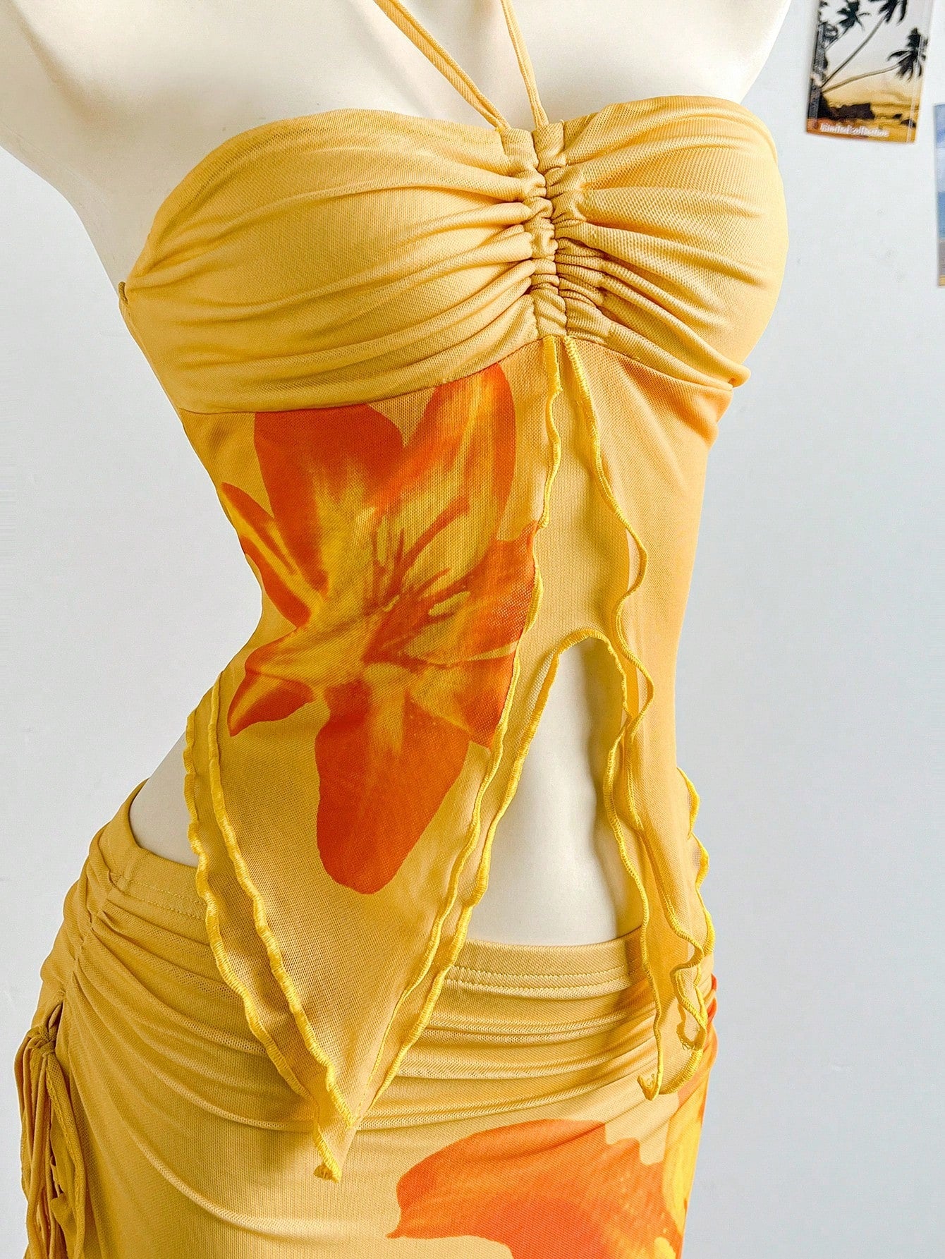 Soleia Boho Tropical Orange And Yellow Mesh Crop Top And Pleated Skirt 2-Piece Set,Elegant Strapless Summer Holiday Vacation Holiday Beach Wedding Graduation
