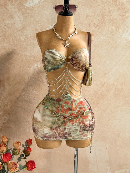 Soleia Brown Floral Hollow-Out Halter Mini Dress, Boho Vacation Holiday Outfit,Tropical Print Rhinestone Beach Cruise Party Music Festival,No Chest Padding