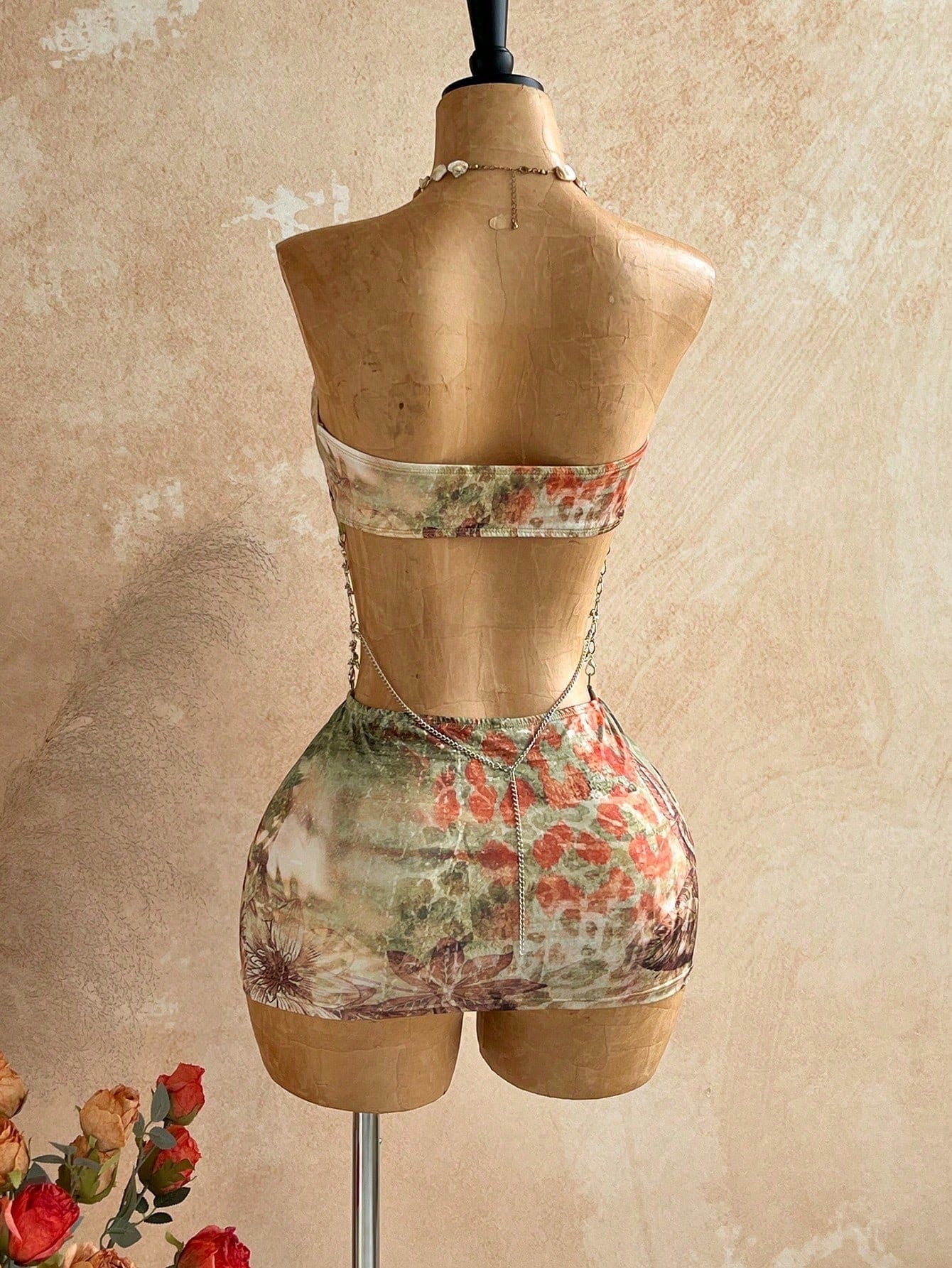 Soleia Brown Floral Hollow-Out Halter Mini Dress, Boho Vacation Holiday Outfit,Tropical Print Rhinestone Beach Cruise Party Music Festival,No Chest Padding