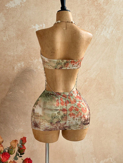 Soleia Brown Floral Hollow-Out Halter Mini Dress, Boho Vacation Holiday Outfit,Tropical Print Rhinestone Beach Cruise Party Music Festival,No Chest Padding