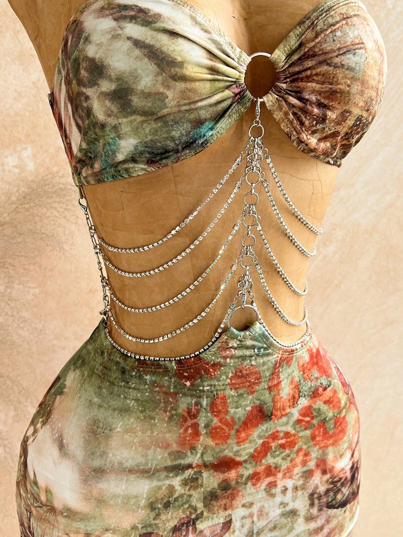 Soleia Brown Floral Hollow-Out Halter Mini Dress, Boho Vacation Holiday Outfit,Tropical Print Rhinestone Beach Cruise Party Music Festival,No Chest Padding