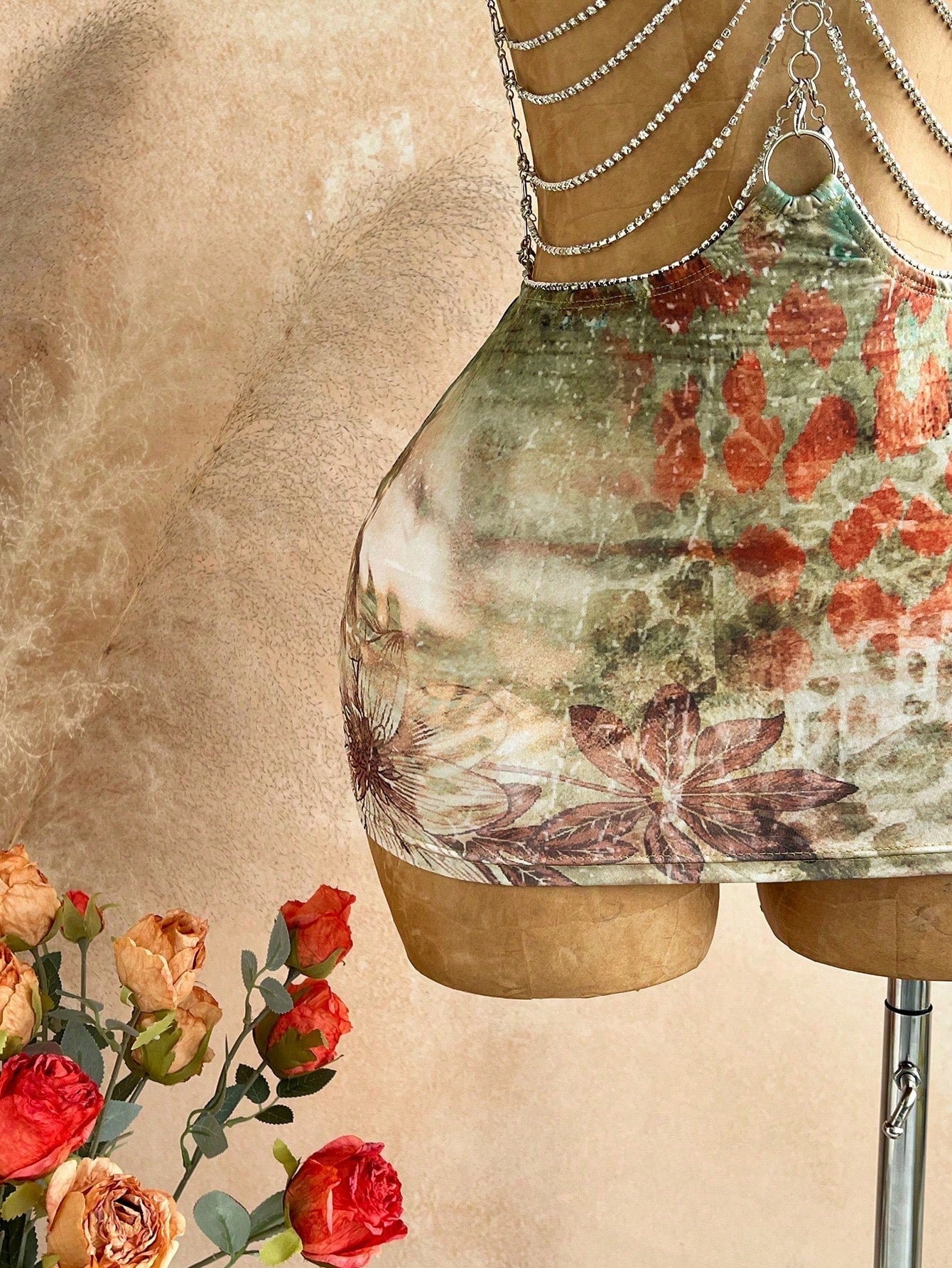 Soleia Brown Floral Hollow-Out Halter Mini Dress, Boho Vacation Holiday Outfit,Tropical Print Rhinestone Beach Cruise Party Music Festival,No Chest Padding