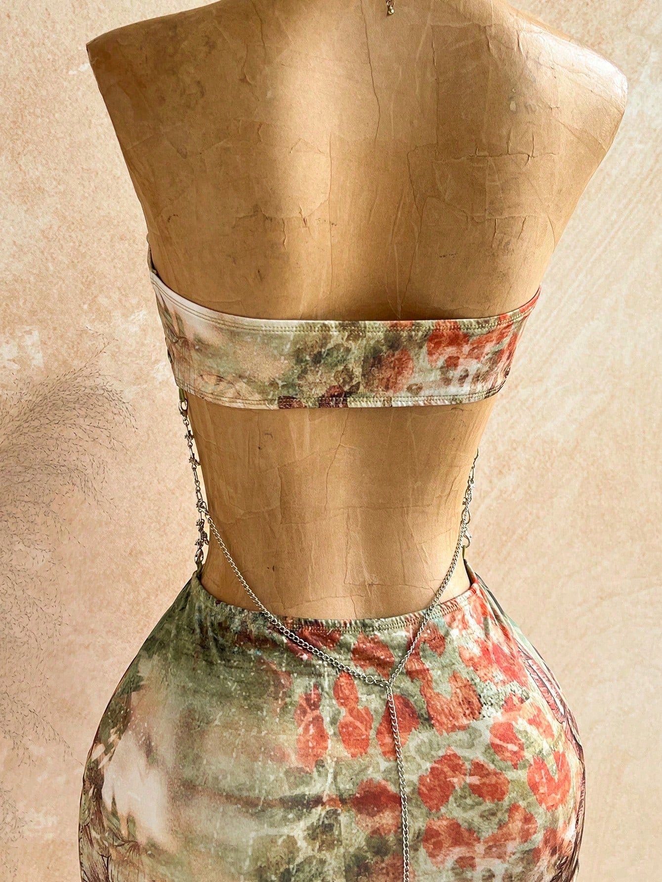 Soleia Brown Floral Hollow-Out Halter Mini Dress, Boho Vacation Holiday Outfit,Tropical Print Rhinestone Beach Cruise Party Music Festival,No Chest Padding