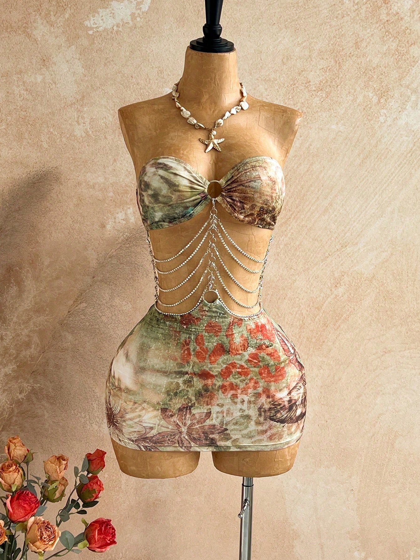 Soleia Brown Floral Hollow-Out Halter Mini Dress, Boho Vacation Holiday Outfit,Tropical Print Rhinestone Beach Cruise Party Music Festival,No Chest Padding