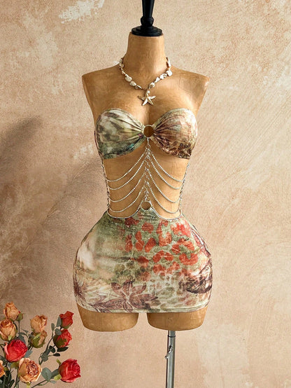 Soleia Brown Floral Hollow-Out Halter Mini Dress, Boho Vacation Holiday Outfit,Tropical Print Rhinestone Beach Cruise Party Music Festival,No Chest Padding