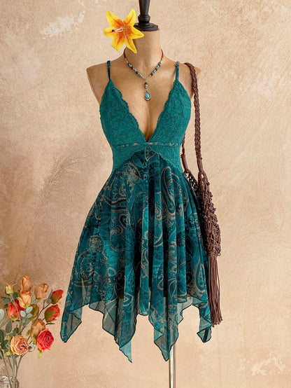 Soleia Dark Teal Paisley Print Contrast Lace Asymmetrical Hem Spaghetti Strap Mini Dress,Boho Summer Holiday Vacation Holiday Fairy Bohemian Women's Outfit