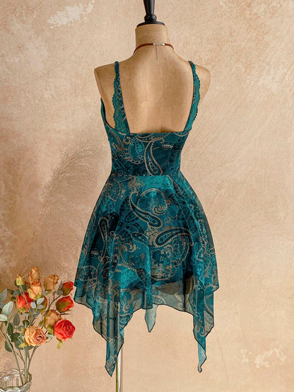 Soleia Dark Teal Paisley Print Contrast Lace Asymmetrical Hem Spaghetti Strap Mini Dress,Boho Summer Holiday Vacation Holiday Fairy Bohemian Women's Outfit