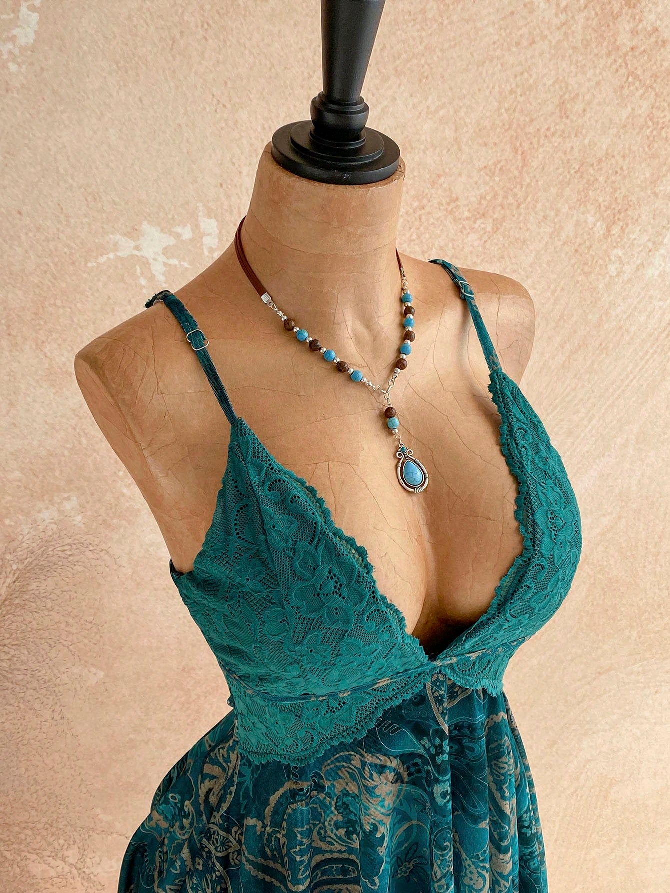 Soleia Dark Teal Paisley Print Contrast Lace Asymmetrical Hem Spaghetti Strap Mini Dress,Boho Summer Holiday Vacation Holiday Fairy Bohemian Women's Outfit