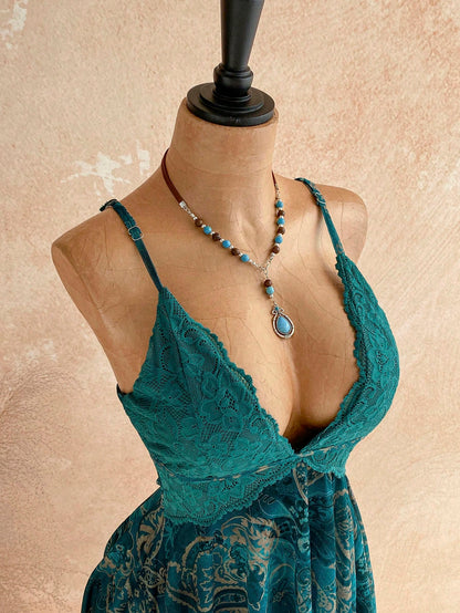 Soleia Dark Teal Paisley Print Contrast Lace Asymmetrical Hem Spaghetti Strap Mini Dress,Boho Summer Holiday Vacation Holiday Fairy Bohemian Women's Outfit