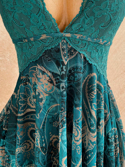Soleia Dark Teal Paisley Print Contrast Lace Asymmetrical Hem Spaghetti Strap Mini Dress,Boho Summer Holiday Vacation Holiday Fairy Bohemian Women's Outfit