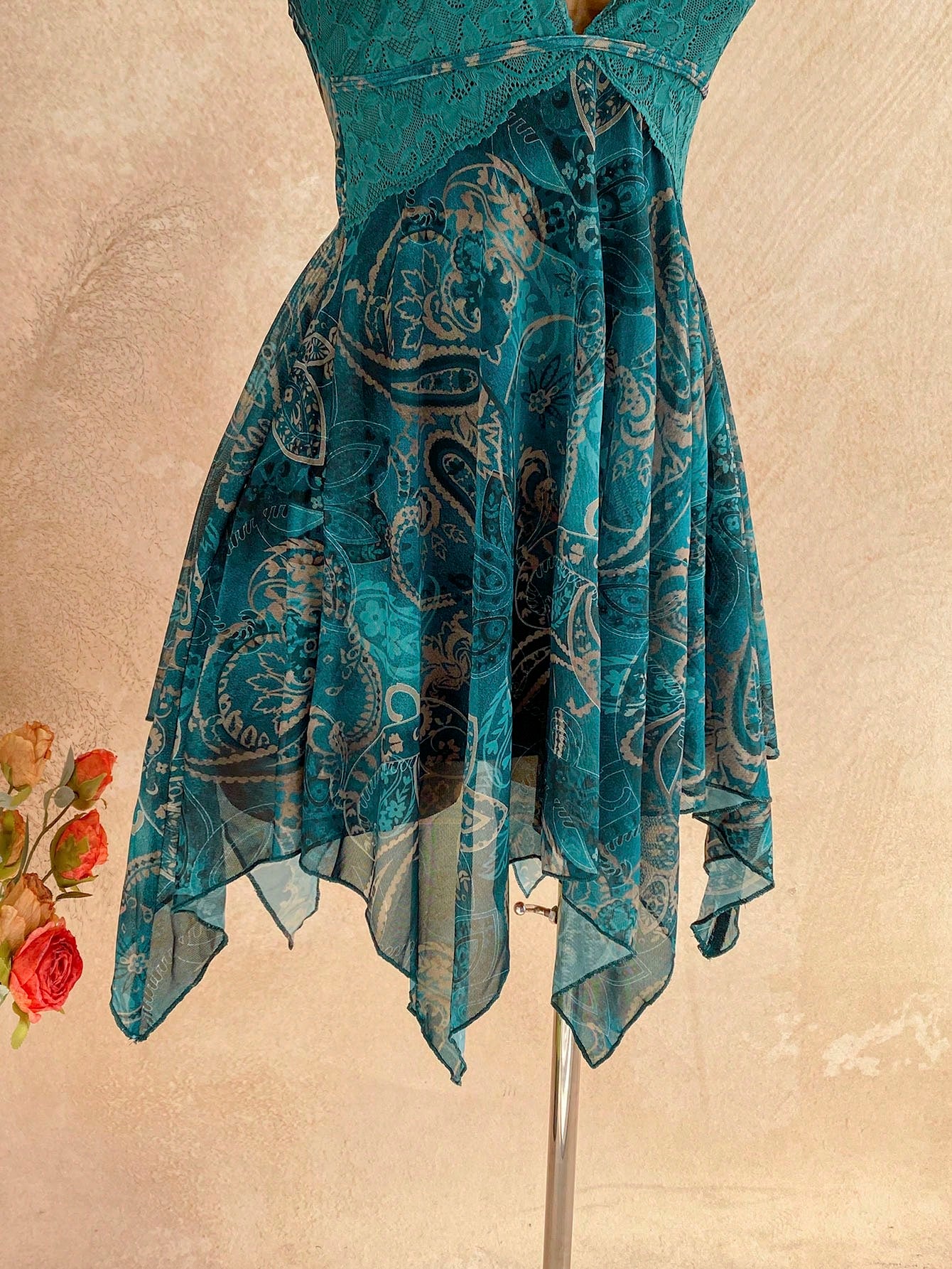 Soleia Dark Teal Paisley Print Contrast Lace Asymmetrical Hem Spaghetti Strap Mini Dress,Boho Summer Holiday Vacation Holiday Fairy Bohemian Women's Outfit
