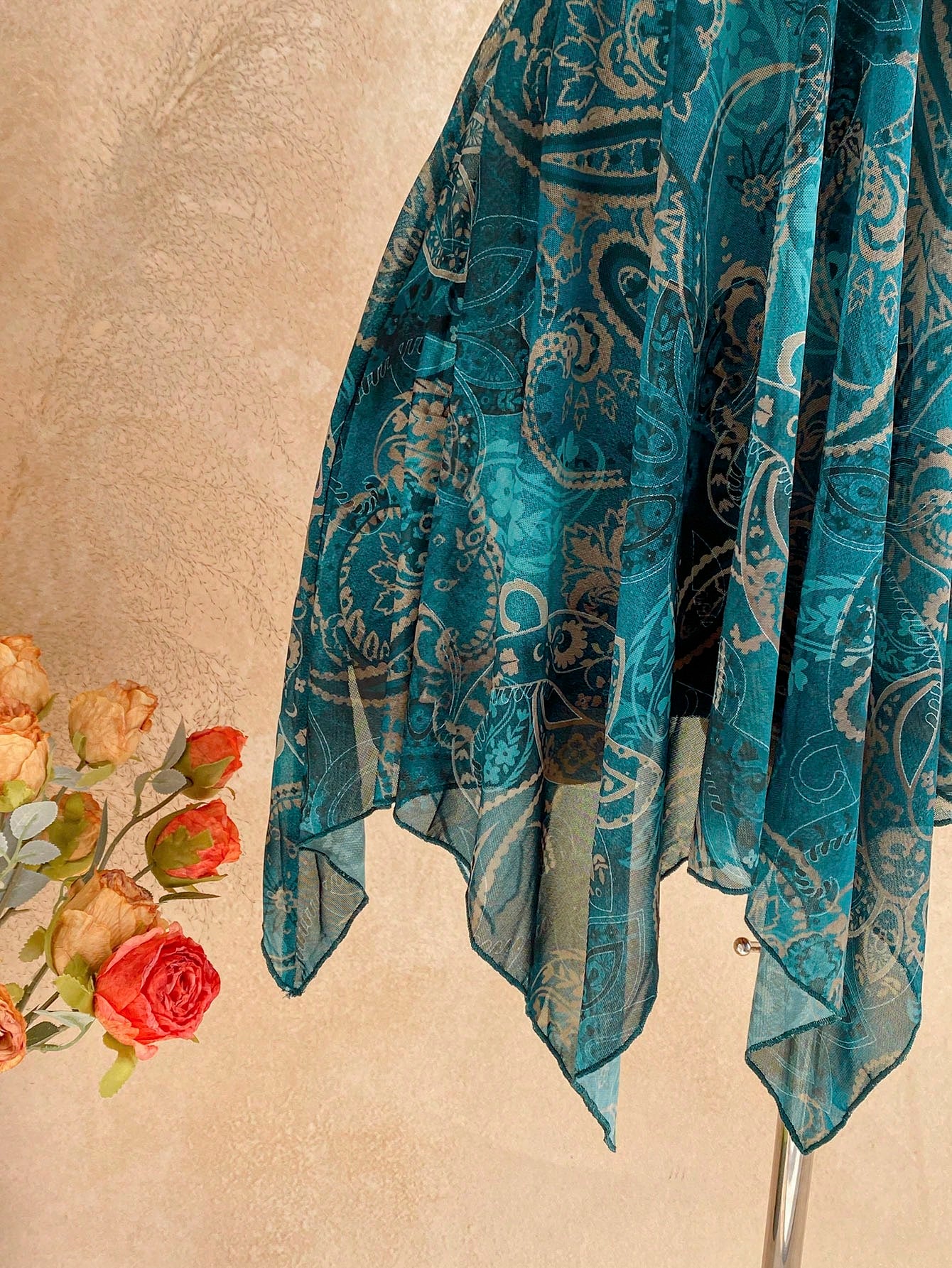 Soleia Dark Teal Paisley Print Contrast Lace Asymmetrical Hem Spaghetti Strap Mini Dress,Boho Summer Holiday Vacation Holiday Fairy Bohemian Women's Outfit