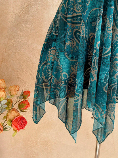Soleia Dark Teal Paisley Print Contrast Lace Asymmetrical Hem Spaghetti Strap Mini Dress,Boho Summer Holiday Vacation Holiday Fairy Bohemian Women's Outfit